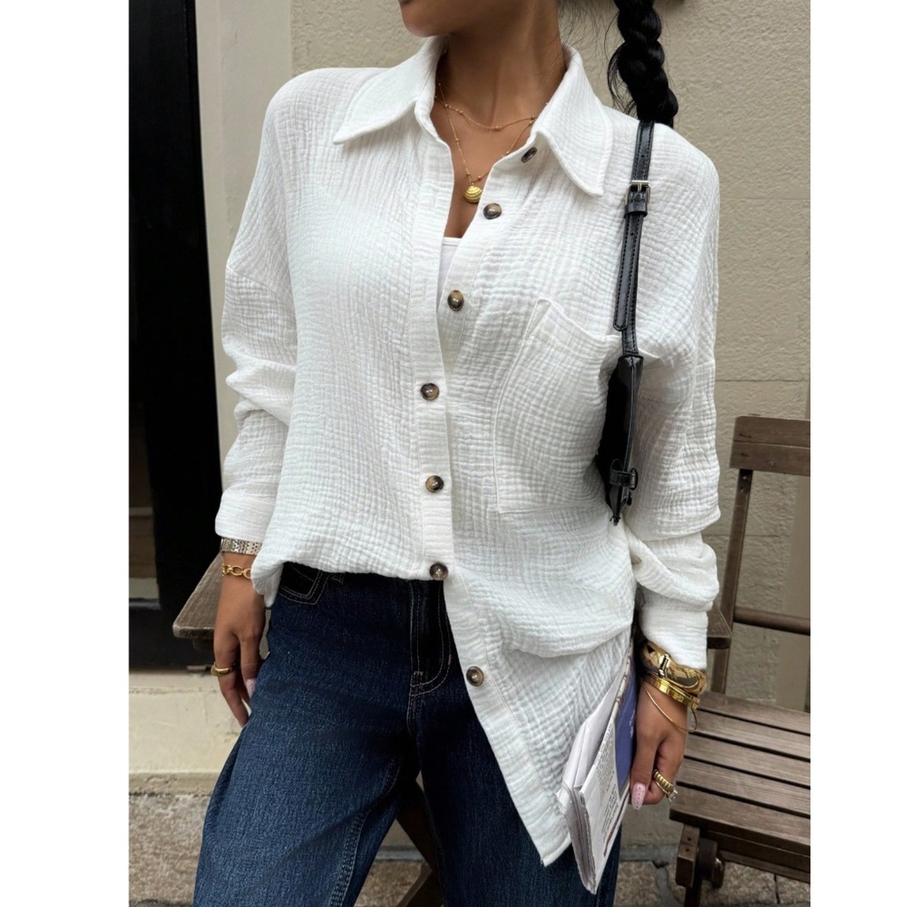 Cotton White Casual Shirt  Button Down Up Long Sleeve - Picture 12 of 16